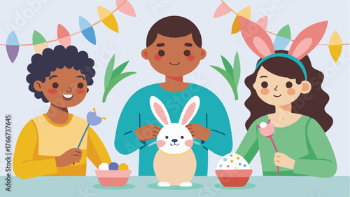 Children participating in an arts and crafts session creating Easterthemed decorations like garlands and rabbit masks.