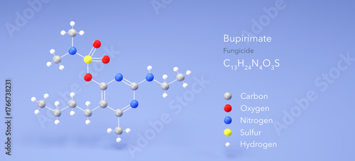 bupirimate molecule, molecular structure, systemic fungicide 3d model, Structural Chemical Formula and Atoms with Color Coding