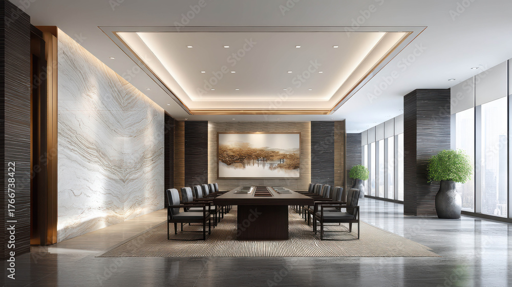 Fototapeta premium Elegant Executive Office Interior with Wooden Textures, Modern Design, and Bright Natural Light Creating a Professional Atmosphere