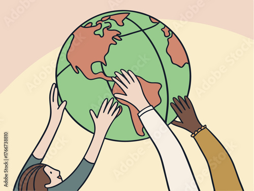 Illustrations of hands of different skin tones joining together to lift a globe representing unity and collective responsibility for global welfare.
