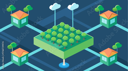 An aerial view of a smart agricultural facility highlighting rows of vertical farming units connected by a network of IoT sensors for data collection.