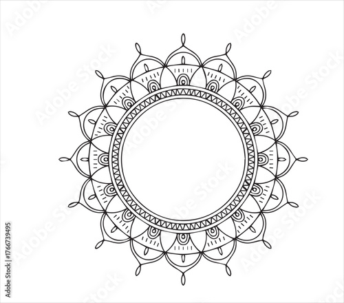 Intricate black line art radiates calmness as it forms a mandala with transparent backdrop