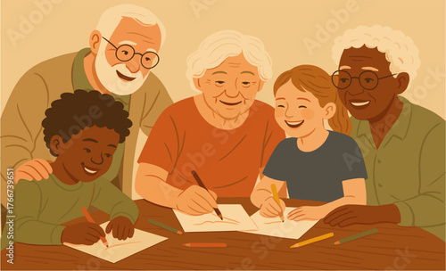 Grandparents and children drawing together — creative family bonding