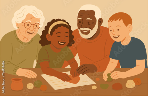 Grandparents and children creating art together — family creativity and joy
