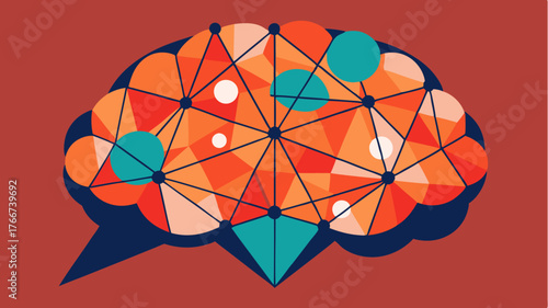 A stylized depiction of a brain composed of abstract geometric shapes and neural connections in bright contrasting colors.