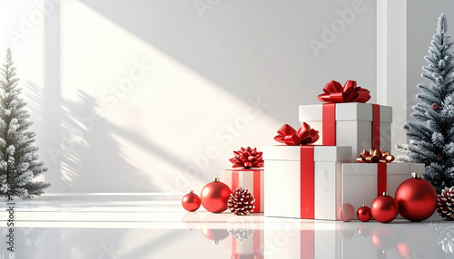 Festive Christmas scene with gift boxes and red ornaments, surrounded by snow dusted pine trees, creating joyful holiday atmosphere