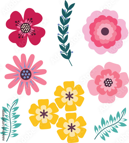 A seamless vector pattern set featuring a delicate pink floral illustration of spring nature's artful blossoms, leaves, and garden elements for decoration and design