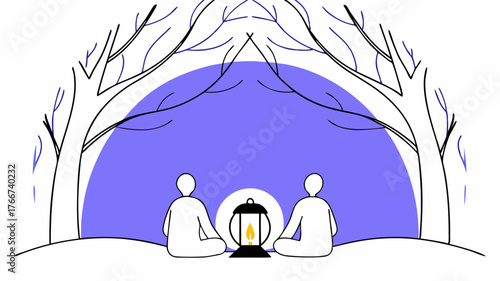 A tranquil setting during a twilight support group session with warm lantern light illuminating participants faces framed by the intricate silhouette of branches above.