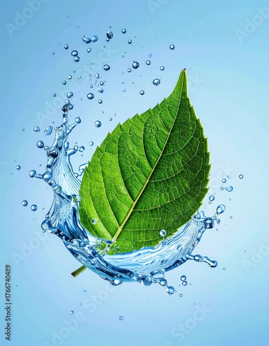 Watersplash capturing a leaf nature photography clean blue environment macro viewpoint