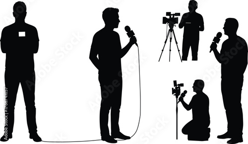 Silhouette of journalist interviewing person, cameraman recording video, news broadcast scene, TV reporting, communication concept, filming production, media coverage illustration