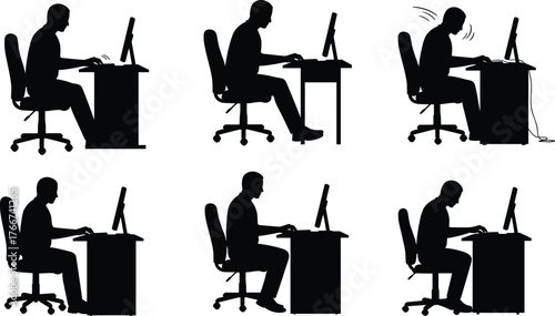 Wallpaper Mural Silhouette of man working at computer desk, sitting posture at office, ergonomic concept, business workspace, digital work, productivity illustration Torontodigital.ca