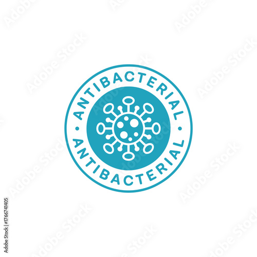 Circular antibacterial seal symbol with stylized virus icon in blue