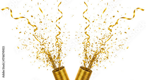 Golden confetti and streamers exploding from party poppers isolated on transparent background