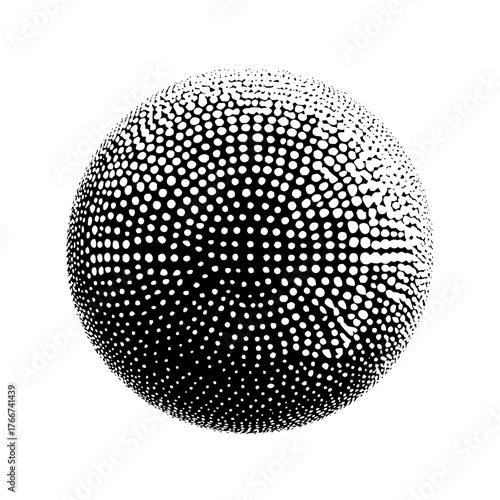 Abstract sphere composed of white dots on a black background creating a halftone pattern effect design