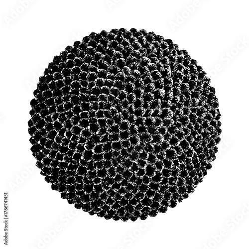 Monochrome illustration of a spherical floral arrangement with tightly packed petals in a circular form