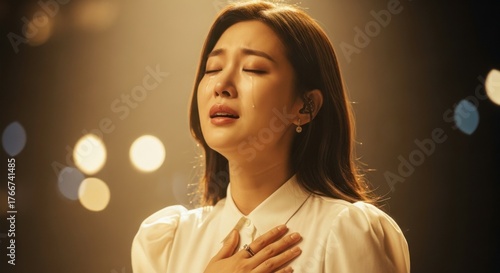 Closeup of a beautiful young woman with long brunette hair and a gentle expression on her face, looking up while praying
