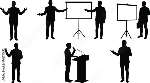Silhouette of business people giving presentations, corporate public speaking, leadership communication, training seminar, professional meeting, conference keynote, speaker illustration