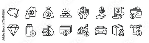 Financial asset thin line icon set. Contains money, earnings, savings, wealth, piggy bank, house property, gold, investment, certificate, wallet, jewelry, product, deposit, vehicle, growth arrow