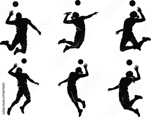 Volleyball silhouette, spiking motion, serving pose, athletic jump, black figure art, dynamic sport action, mid-air hit, game energy
