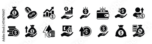 Financial income icon vector set. Contains money, earnings, savings, growth up arrow, dollar currency, wallet, budget, wages, billfold, wealth, calculate tax, salary, bonus, coin. Illustration