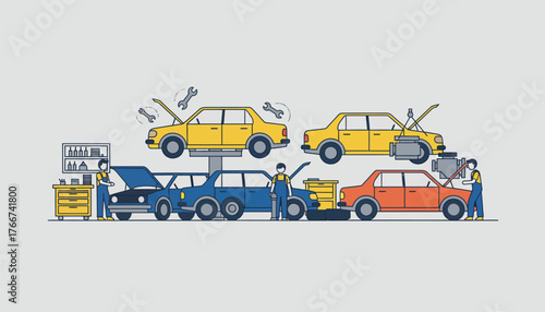 Mechanics repairing and maintaining cars in a busy auto workshop, vehicles on lifts with open hoods, technicians inspecting engines, performing diagnostics and routine service
