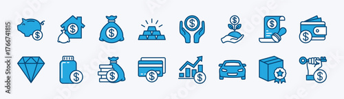 Set of financial asset icon. Contains money, earnings, savings, wealth, piggy bank, house property, gold, investment, certificate, wallet, jewelry, product, deposit, vehicle, growth arrow. Vector