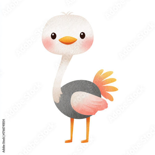 Adorable Watercolor Ostrich Cartoon Character Illustration