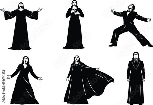 Opera singer silhouette, dramatic stage pose, passionate vocal gesture, black figure art, theatrical emotion, elegant costume, expressive performance