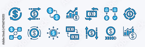 Set of money cash flow icon. Contains financial circular arrow, exchange, transfer, earning income, outcome, management, growth chart, expense, refund, transaction, revenue. Vector illustration