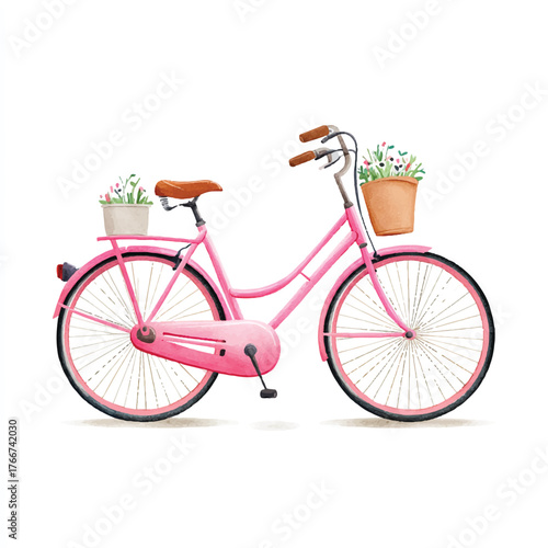 Charming Pink Bicycle with Flower Baskets Watercolor Illustration