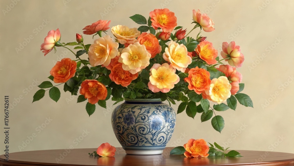 Obraz premium Beautiful bouquet of orange roses in a vase on a wooden table indoors