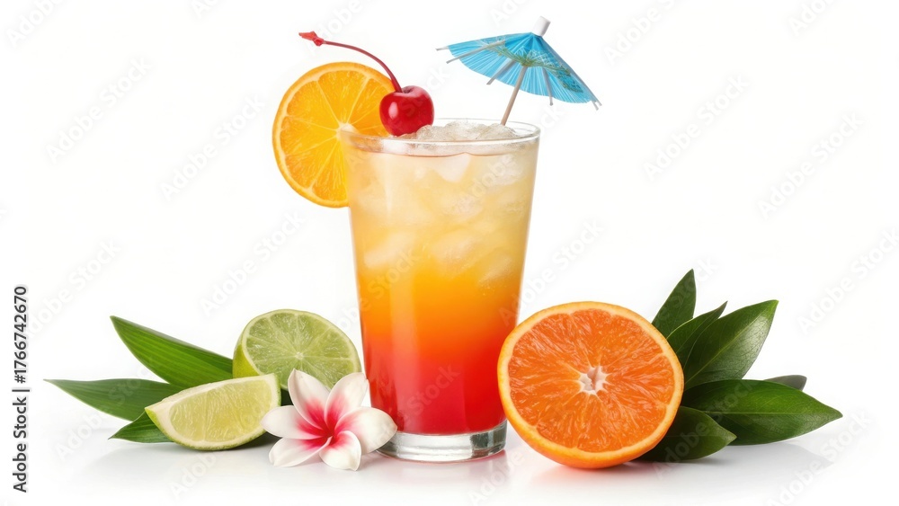 Fototapeta premium Refreshing tequila sunrise cocktail isolated on white background with fruits