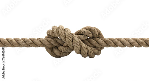 Close up of a strong nautical knot tied on a thick rope isolated on transparent background
