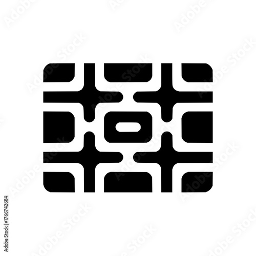 Black and white geometric pattern featuring interconnected shapes and a central oval design element present