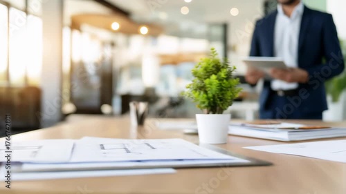 Architectural drawing lies on a wooden table with a blurred figure in a blue suit holding a tablet in the background interior office and potted plant providing visual depth
