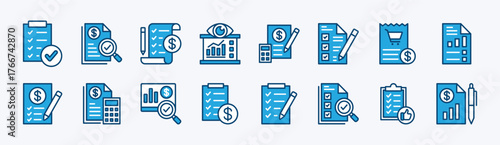 Set of report document icon. Contains payment bill, clipboard, receipt, invoice, checklist, form, note, statement, tax calculation, financial data search, notepad, analysis paper. Vector illustration