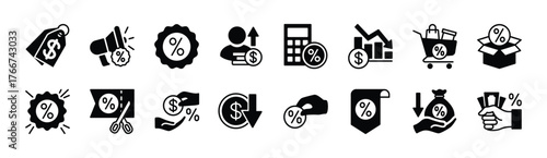 Discount promotion icon vector set. Contains price tag, shopping coupon badge, calculate tax deduction, bonus, rebate, down prices, cashback, label, offer sale, low sell, percent sticker, gift