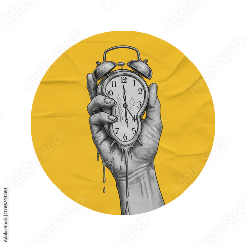 Surreal time illustration depicting distorted clock melting in a hand with textured background