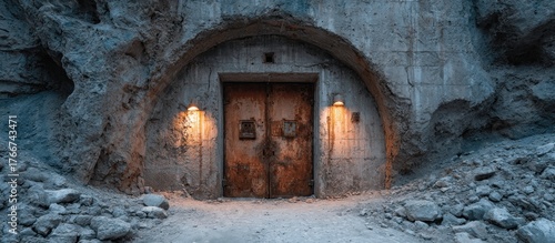 Mysterious Rusted Metal Door in Concrete Bunker Entrance within Stone Mountain Illuminated by Warm Lights