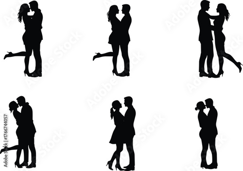 Romantic couple silhouette pack, love and affection poses, hugging and kissing lovers vector, intimate relationship silhouette art design
