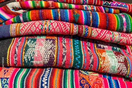 Traditional Andes textiles and fabrics, Tarabuco market, Sucre, Bolivia.