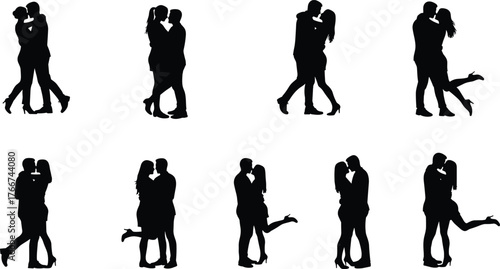 Romantic couple silhouette collection, love and passion poses, hugging and kissing couples, romantic relationship vector art, emotional affection design