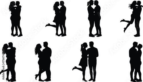 Romantic couple silhouettes kissing and hugging, love and affection vector art for Valentine’s Day, wedding, and relationship designs