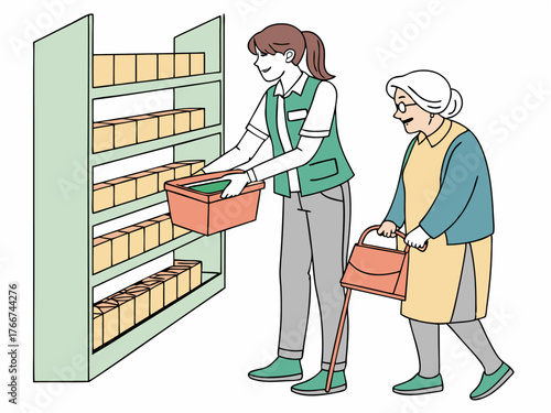 A volunteer assisting an elderly person in choosing food items from an organized shelf reflecting empathy and personalized support.