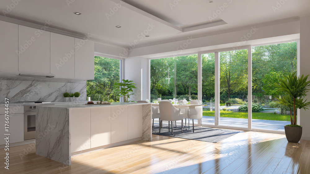 Fototapeta premium Modern Concept Kitchen with Open Dining Area Surrounded by Lush Greenery and Natural Light, Highlighting Stone Elements and Sleek Design