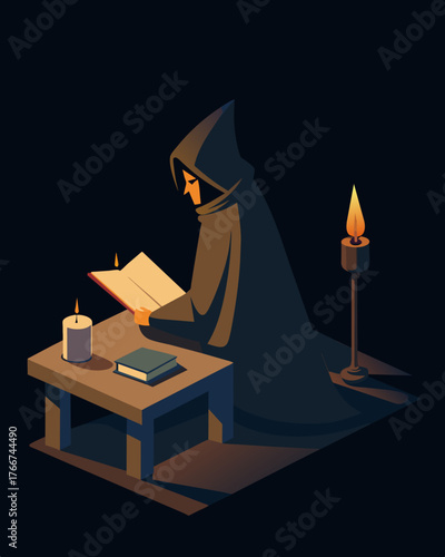 A solitary figure sat hunched over a desk the soft glow of a candle casting shadows on the ancient tomes that surrounded them.. Vector illustration