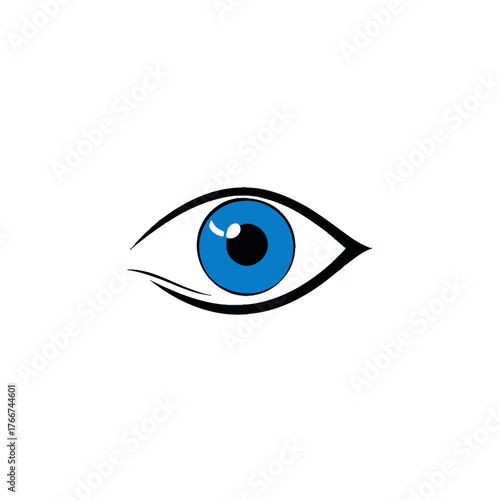 A stylized graphic illustration of a single blue eye with black outline, set against a white background.