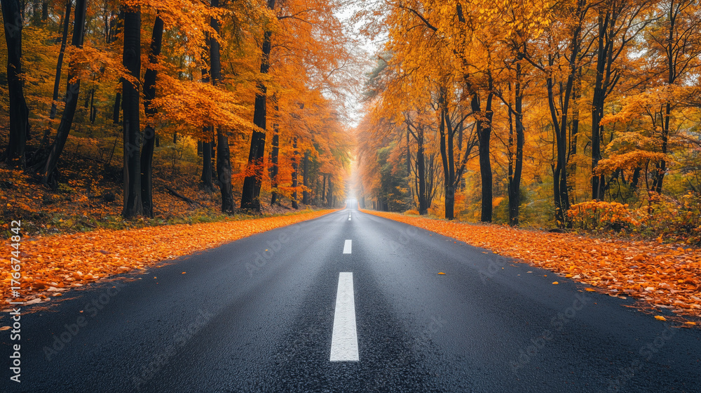 Fototapeta premium a beautiful road lined with trees in peak autumn colors, scenic drive through countryside