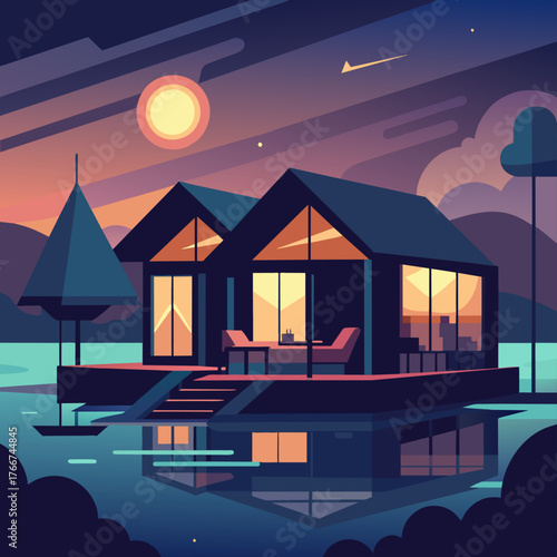 As dusk falls the floating villas interior lights up creating a cozy and inviting atmosphere for those working late hours.. Vector illustration