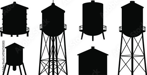 Water tower silhouette set, industrial architecture, elevated tank design, municipal infrastructure, urban utility storage, engineering structure, vector illustration, isolated icons